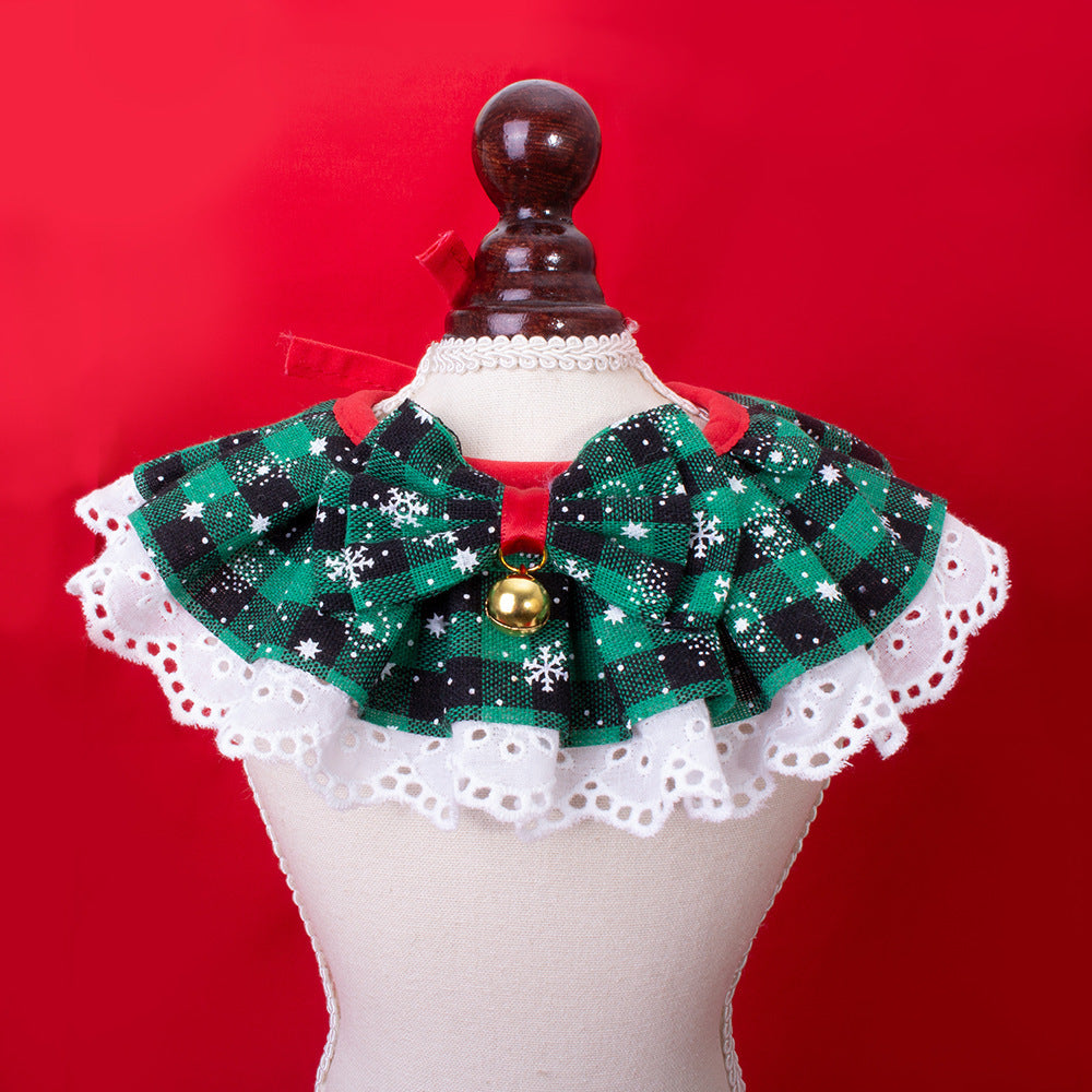 Christmas Plaid Lace Pet Bandana Bib, Cosplay Maid Style Adjustable Pet Collar Scarf for Cat Small Dog Holiday Dress-up