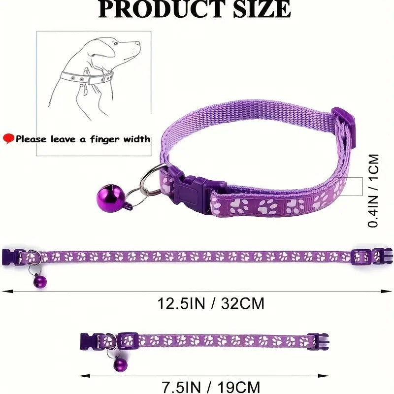 Paw Print Nylon Cat Collar with Bell, Adjustable Breakaway Safety Kitten Puppy Collar Multi Colors