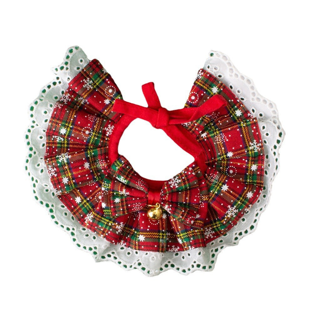 Christmas Plaid Lace Pet Bandana Bib, Cosplay Maid Style Adjustable Pet Collar Scarf for Cat Small Dog Holiday Dress-up