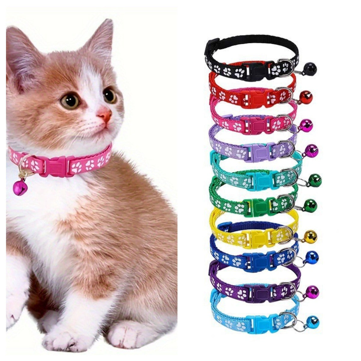 Paw Print Nylon Cat Collar with Bell, Adjustable Breakaway Safety Kitten Puppy Collar Multi Colors