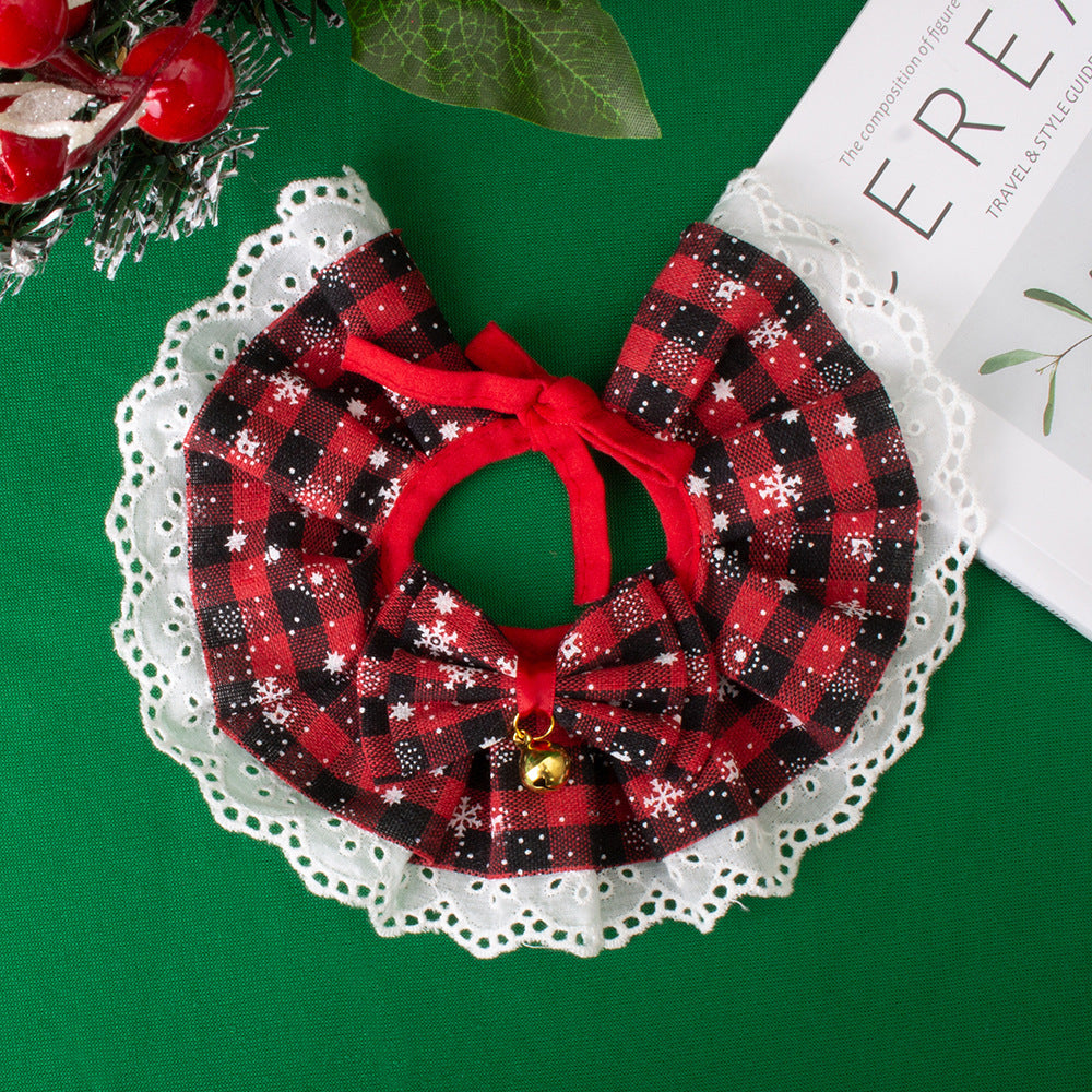 Christmas Plaid Lace Pet Bandana Bib, Cosplay Maid Style Adjustable Pet Collar Scarf for Cat Small Dog Holiday Dress-up