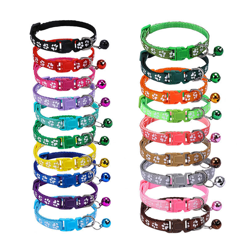 Paw Print Nylon Cat Collar with Bell, Adjustable Breakaway Safety Kitten Puppy Collar Multi Colors