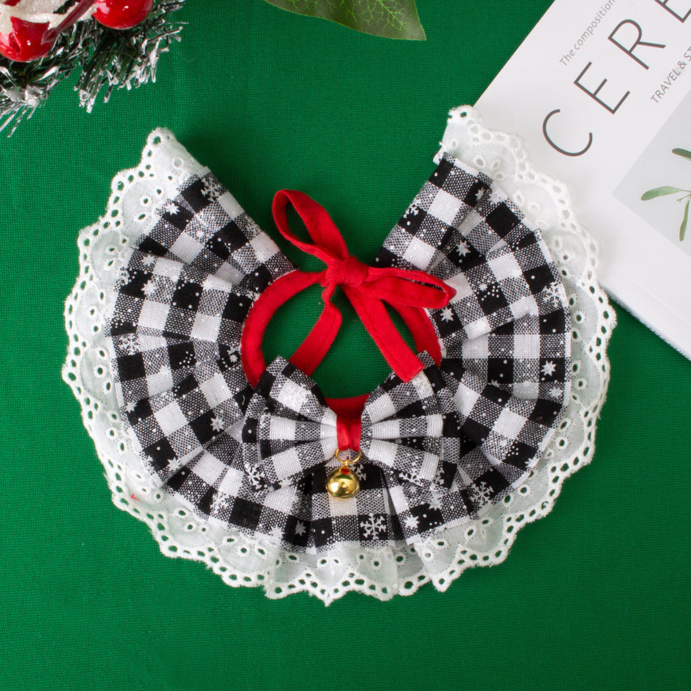 Christmas Plaid Lace Pet Bandana Bib, Cosplay Maid Style Adjustable Pet Collar Scarf for Cat Small Dog Holiday Dress-up