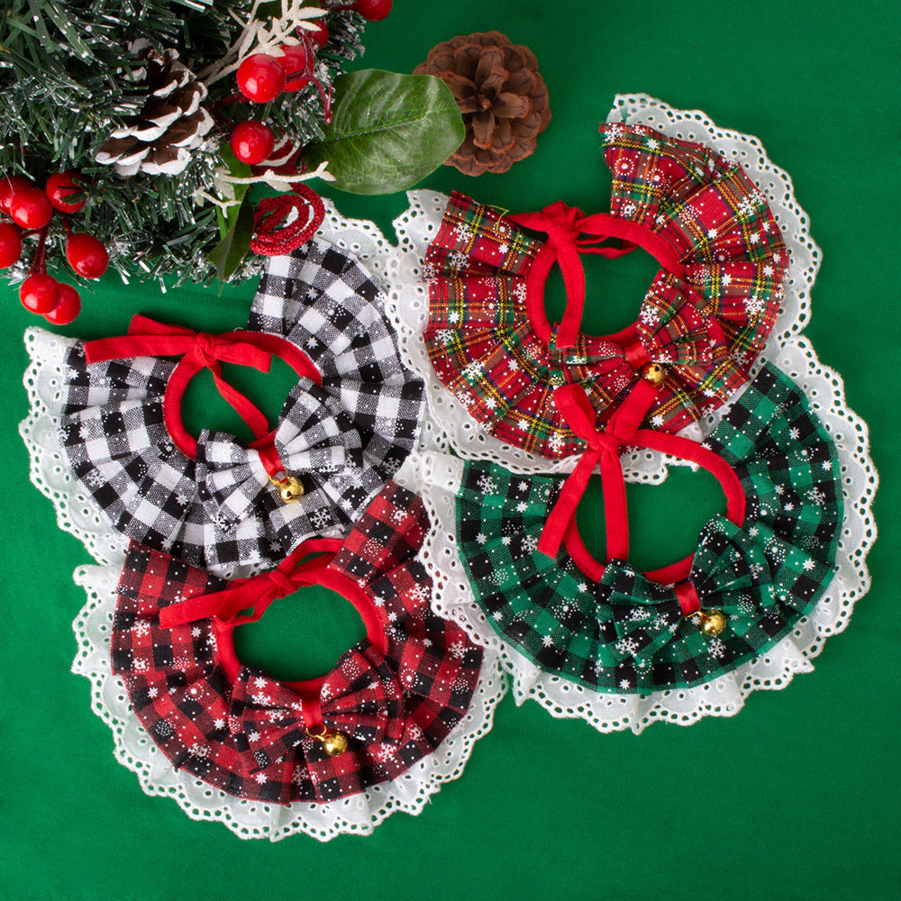 Christmas Plaid Lace Pet Bandana Bib, Cosplay Maid Style Adjustable Pet Collar Scarf for Cat Small Dog Holiday Dress-up